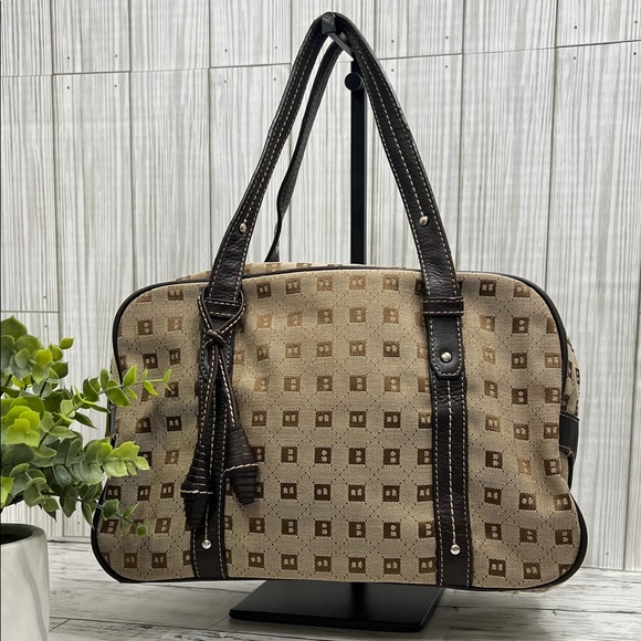 Vintage Bally Monogram Canvas Satchel Bag Brown Leather Trim Top Handle